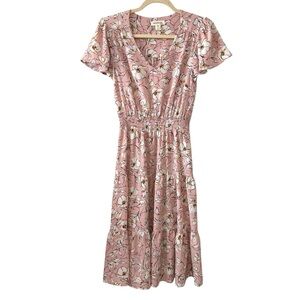 Monteau Small V-Neck Smocked Waist Pink White Floral Dress Lightweight